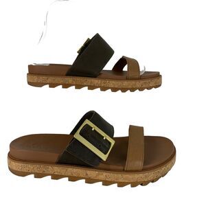 Sorel Sandals Slip On 7.5 Buckle Slide brown Cork Platform Shoes Leather
